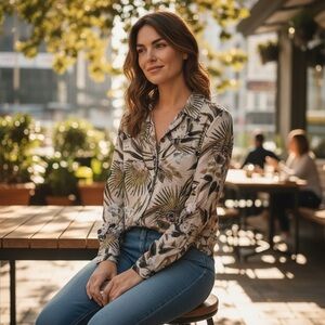 The Ark Australia Ruffle Tropical Floral Blouse Beige Multi Medium Beach Resort